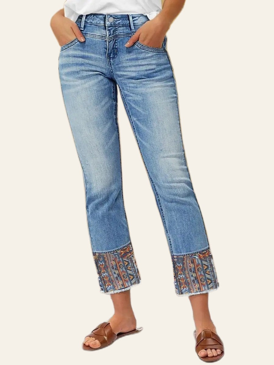 Patterned-Cuff Straight Ankle Jeans