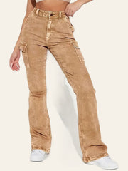 Washed-Tan Cargo Flare Jeans