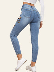 Floral-Embroidered Skinny Ankle Jeans
