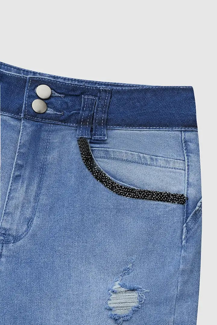 Contrast-Waistband Slim Ankle Jeans