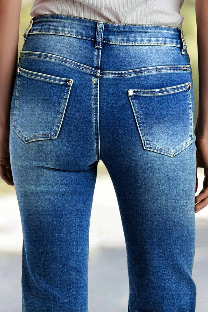 Embroidered-Hem Straight Ankle Jeans