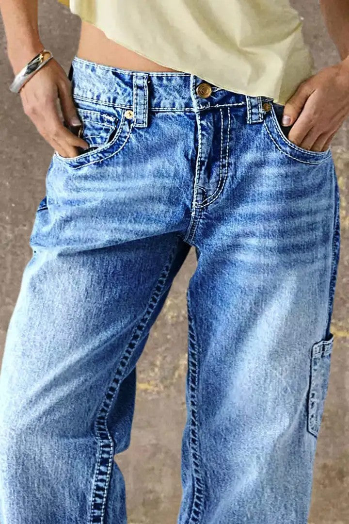 Vintage-Wash Utility Straight Jeans