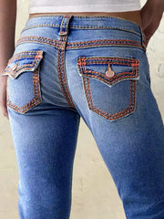 Contrast-Stitch Flap-Pocket Bootcut Jeans