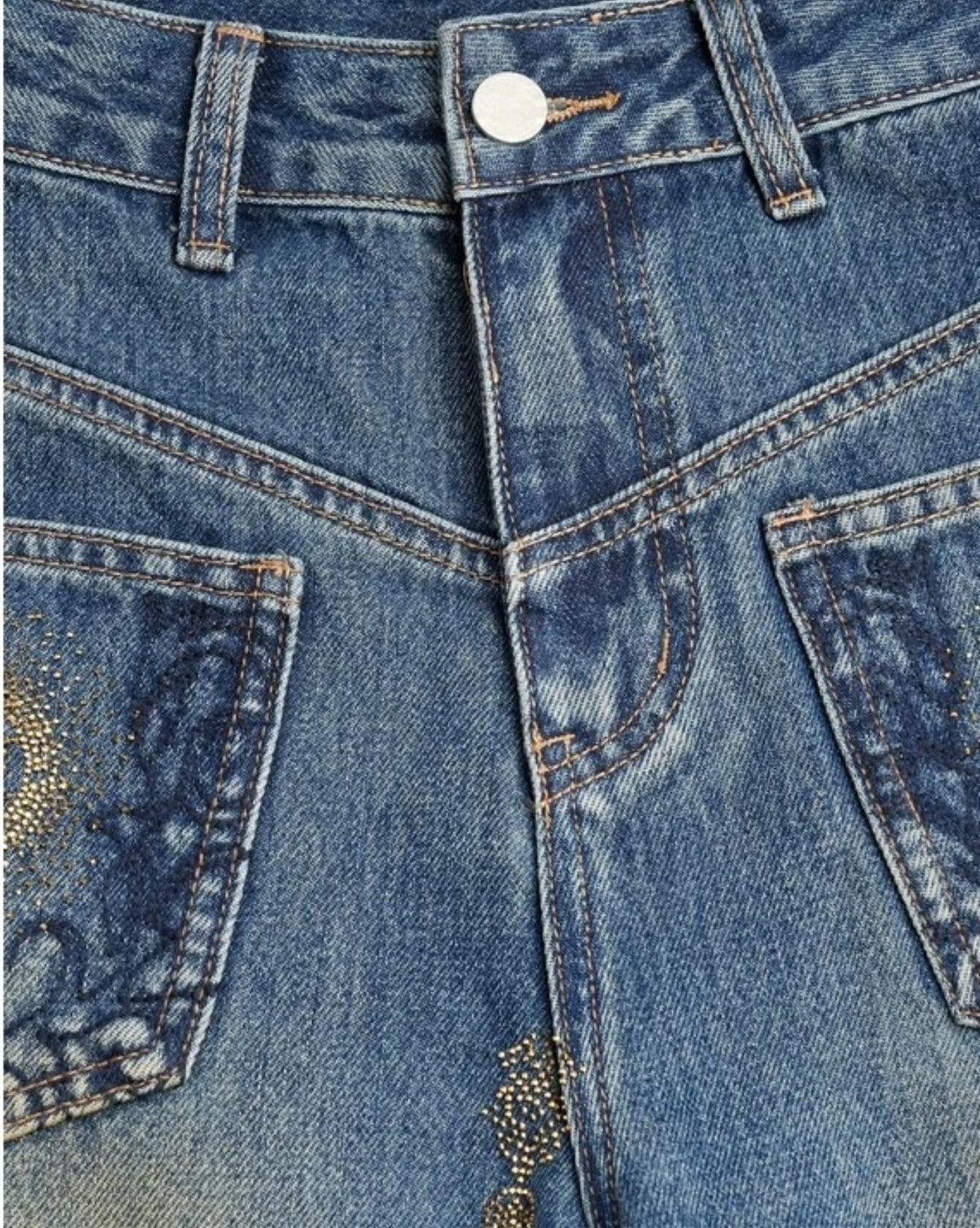 Embellished Patch-Pocket Wide-Leg Jeans