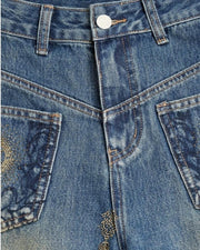 Embellished Patch-Pocket Wide-Leg Jeans