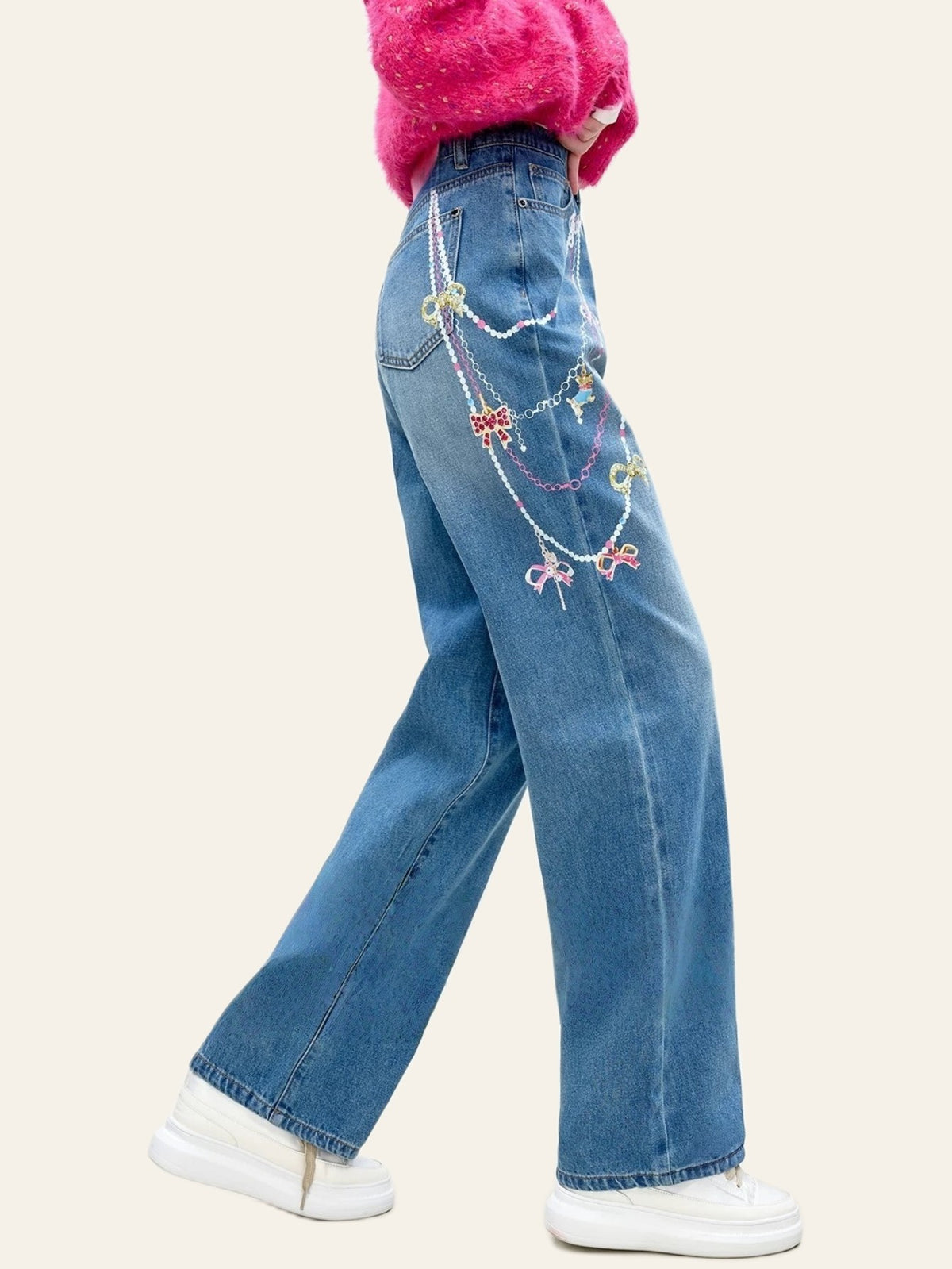 Bow-Detail Wide-Leg Jeans