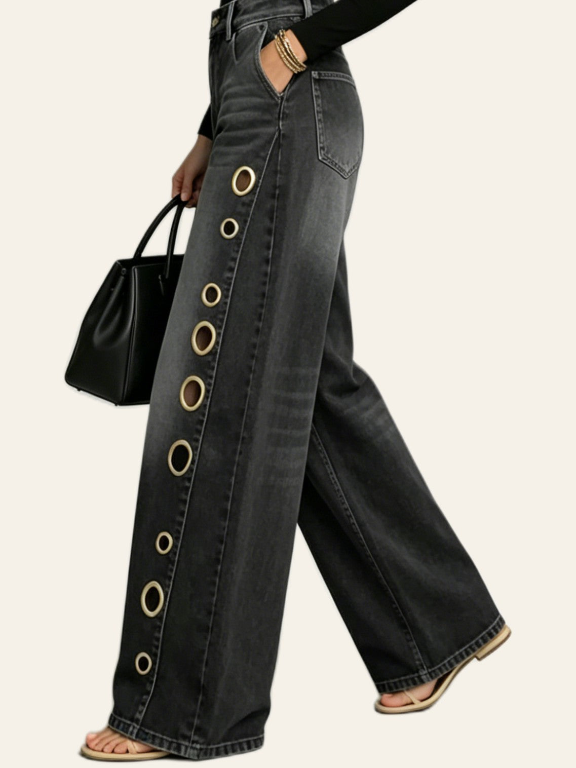 Washed-Black Grommet Wide-Leg Jeans