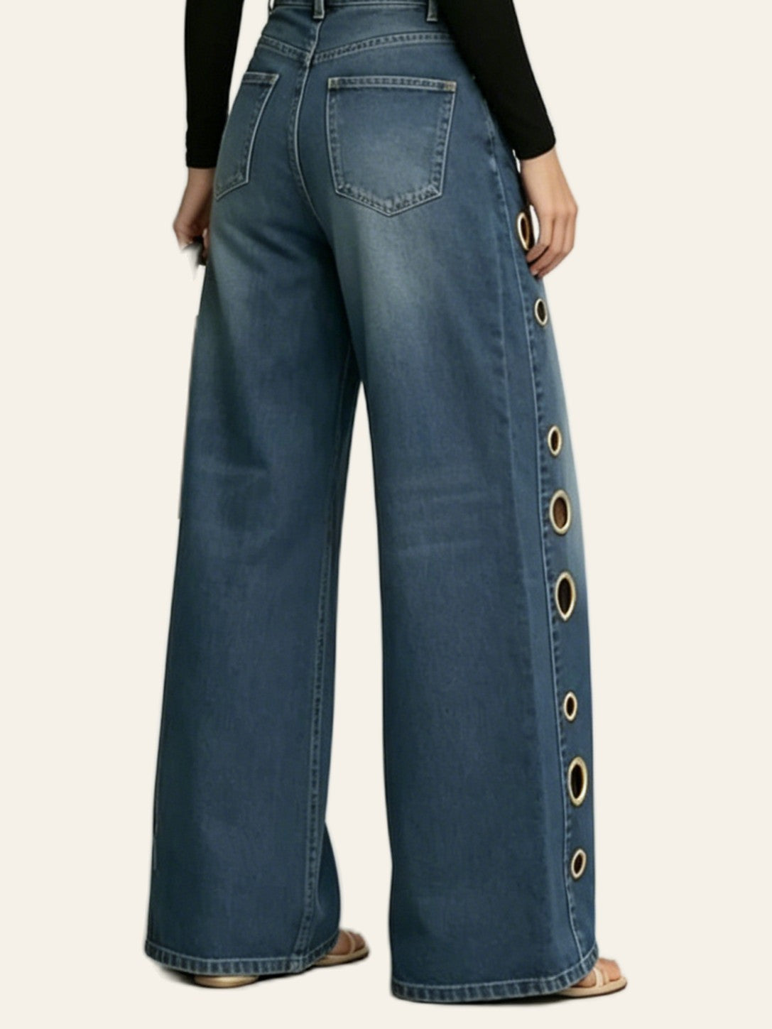 Vintage-Blue Grommet Wide-Leg Jeans