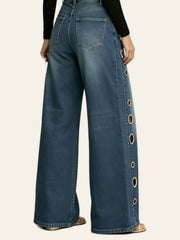 Vintage-Blue Grommet Wide-Leg Jeans