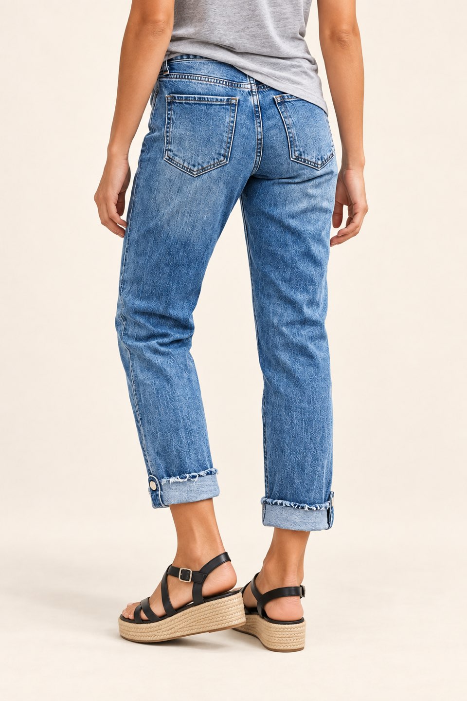 Button-Tab Cuffed Straight-Leg Jeans