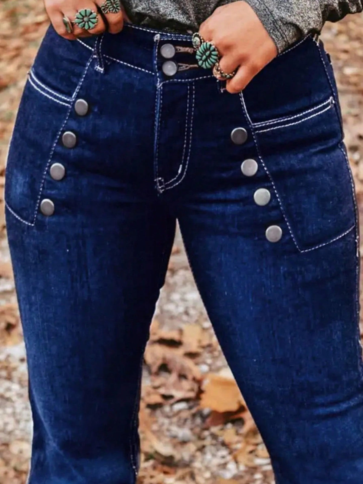 Button-Detail Dark-Wash Bootcut Jeans