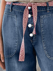 Dark-Wash Button-Front Denim Joggers