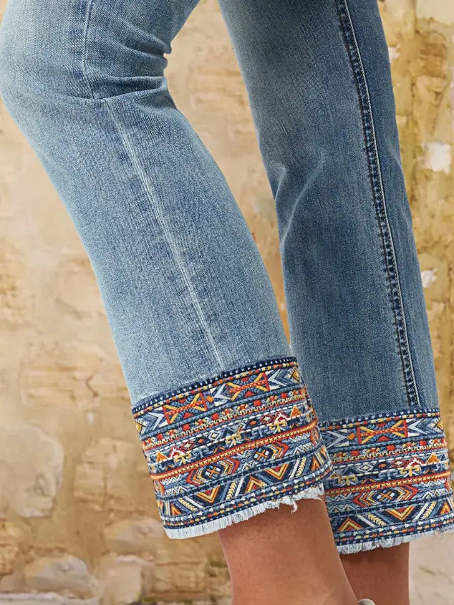 Patterned-Cuff Straight Ankle Jeans
