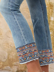 Patterned-Cuff Straight Ankle Jeans