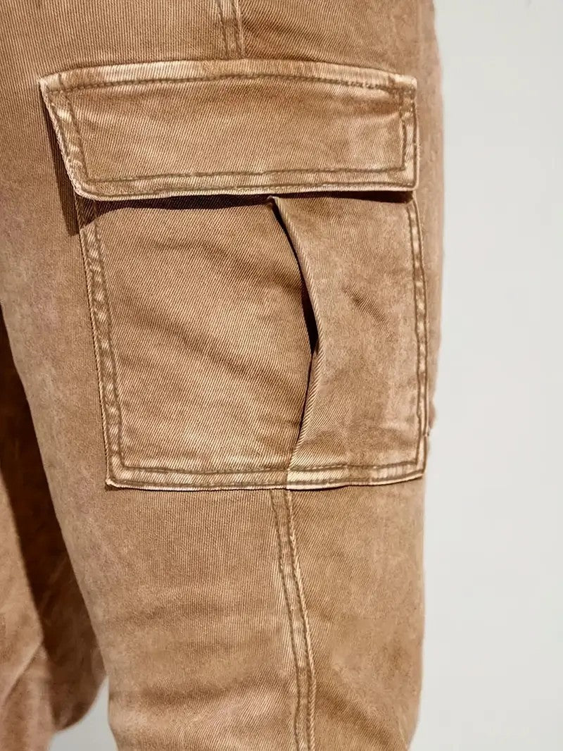 Washed-Tan Cargo Flare Jeans