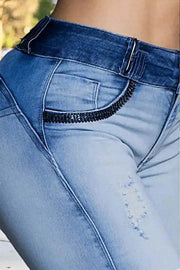 Contrast-Waistband Slim Ankle Jeans