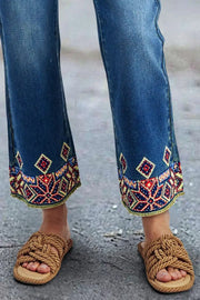 Embroidered-Hem Straight Ankle Jeans