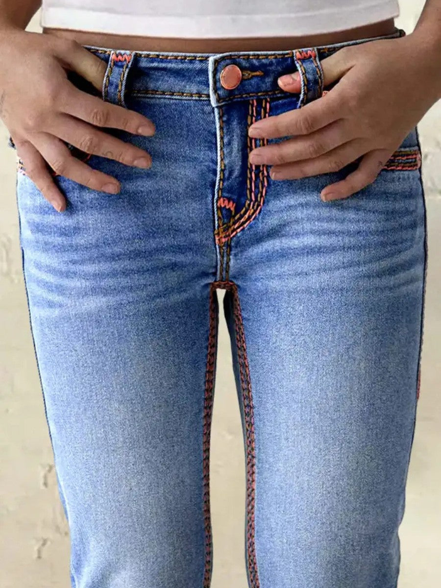 Contrast-Stitch Flap-Pocket Bootcut Jeans
