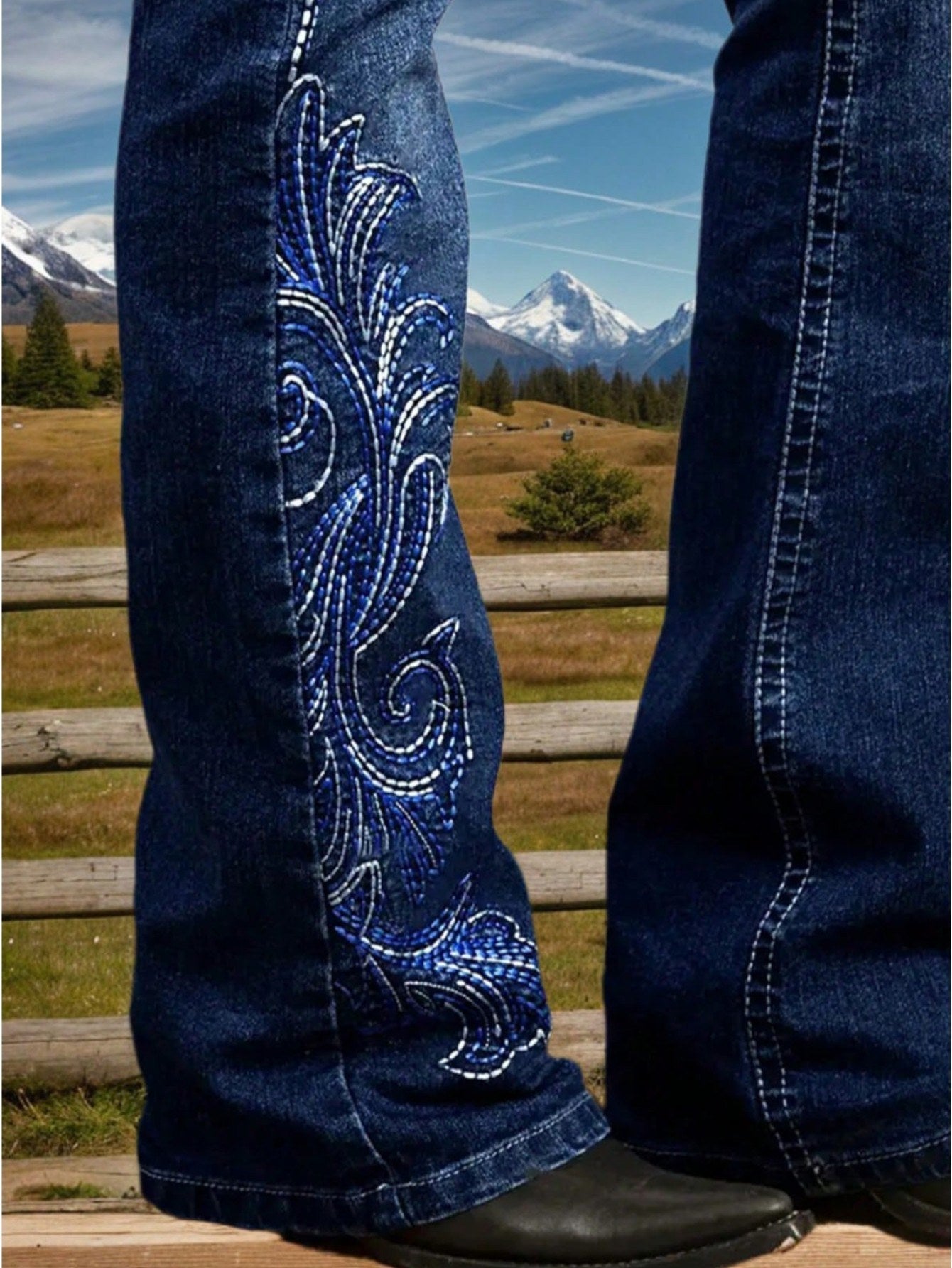 Scroll-Embellished Bootcut Jeans