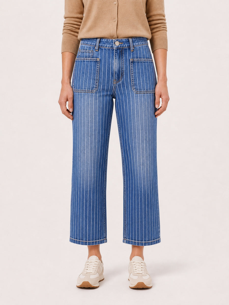 Pinstripe Patch-Pocket Cropped Jeans