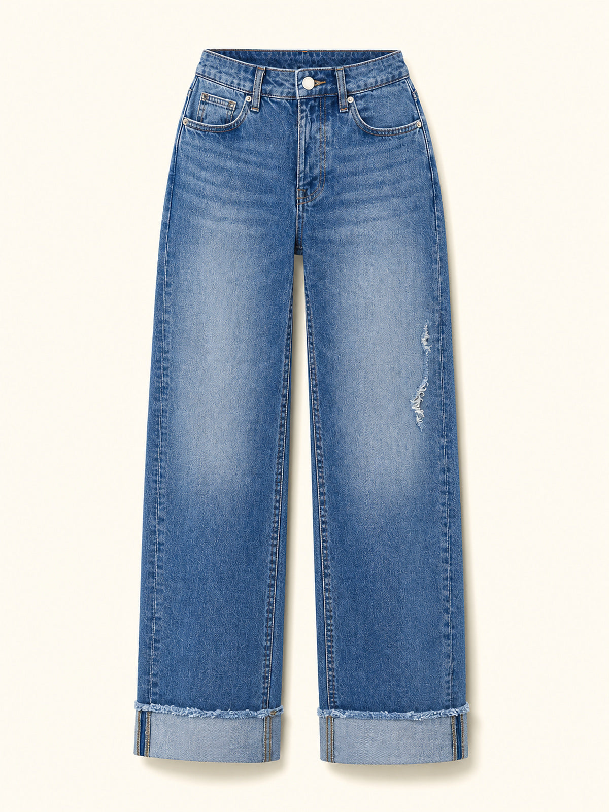 Distressed High-Rise Wide-Leg Cuff Jeans