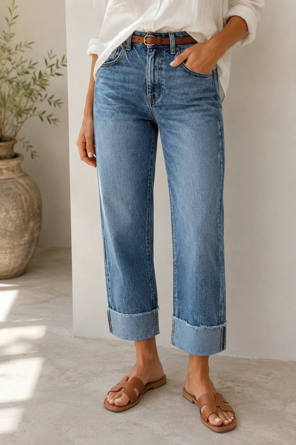 Mid-Rise Seamed Cuff Crop Straight Jeans