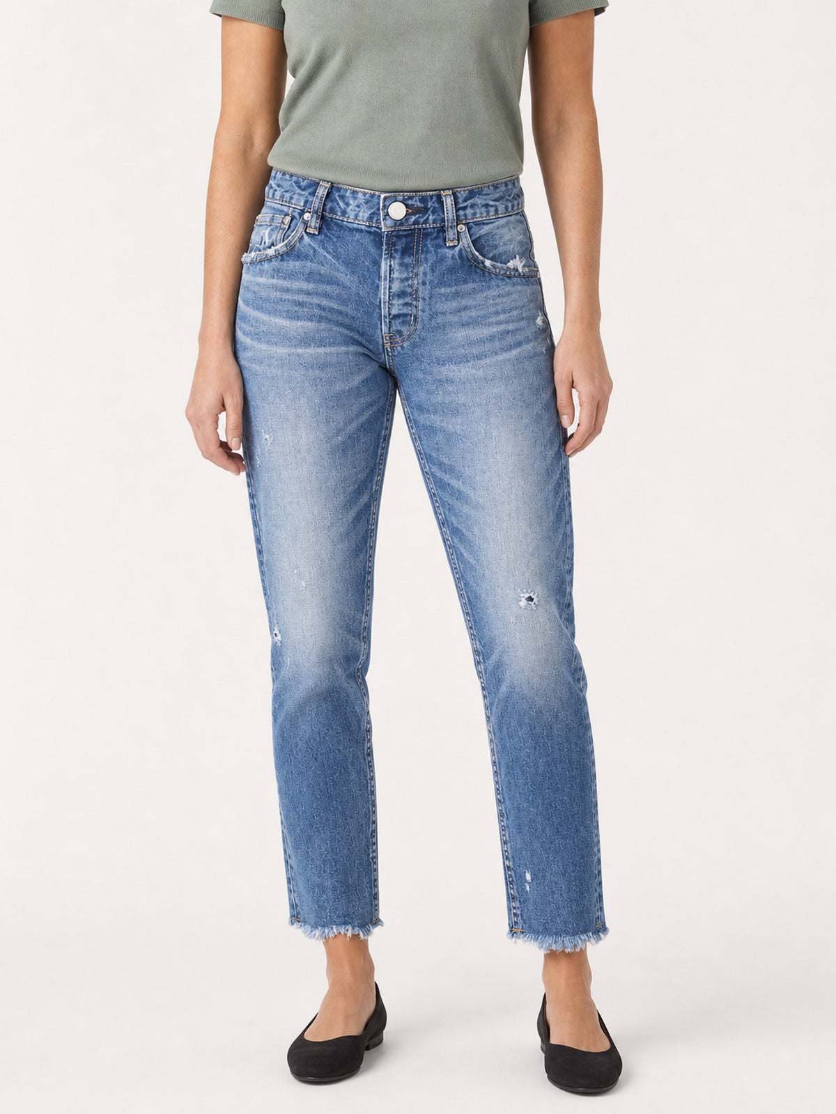 Distressed Raw-Hem Slim Straight Jeans
