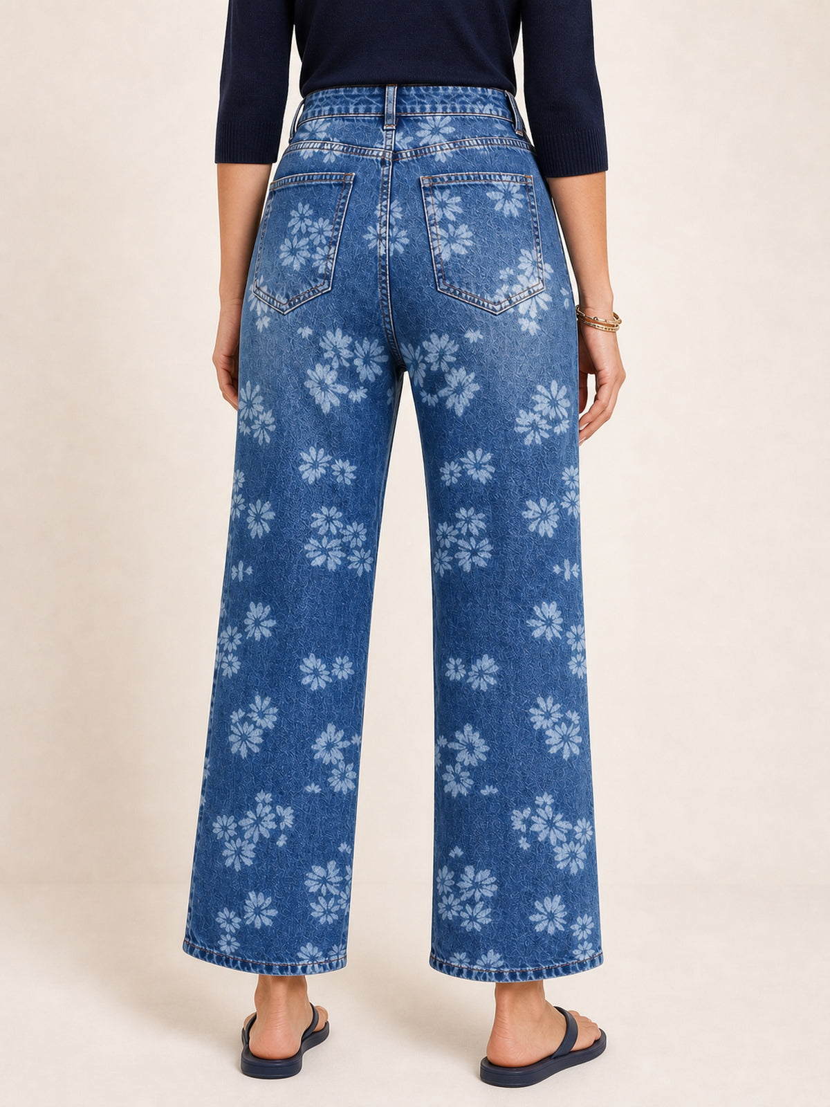 Floral Print Cropped Wide-Leg Jeans