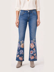Floral Print Mid-Rise Flare Jeans