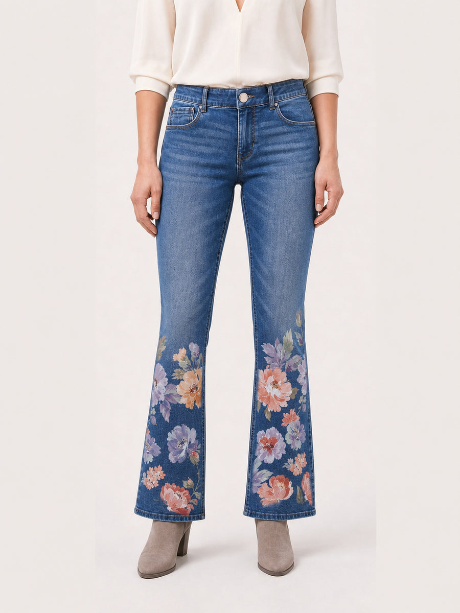 Floral Print Mid-Rise Flare Jeans