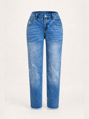 Distressed Raw-Hem Slim Straight Jeans