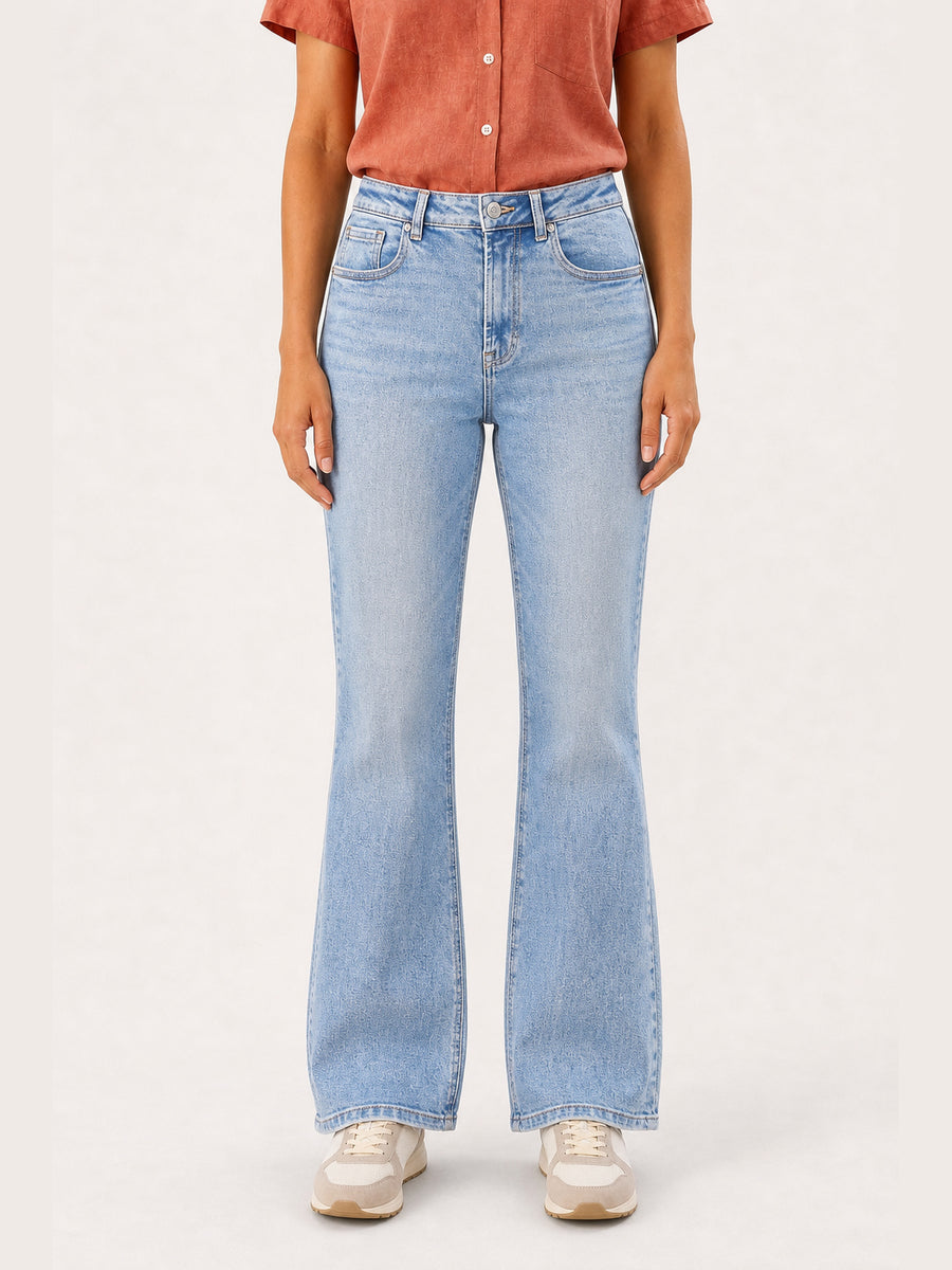 Light-Wash Wing Graphic Micro-Flare Jeans