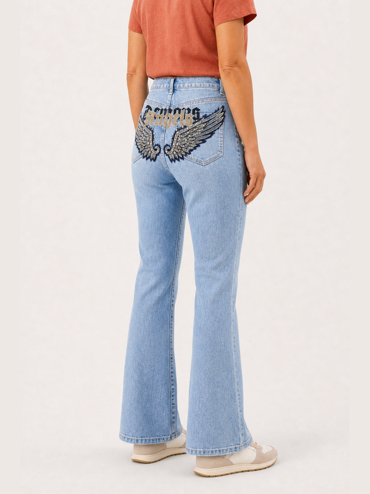 Light-Wash Wing Graphic Micro-Flare Jeans