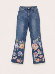 Floral Print Mid-Rise Flare Jeans