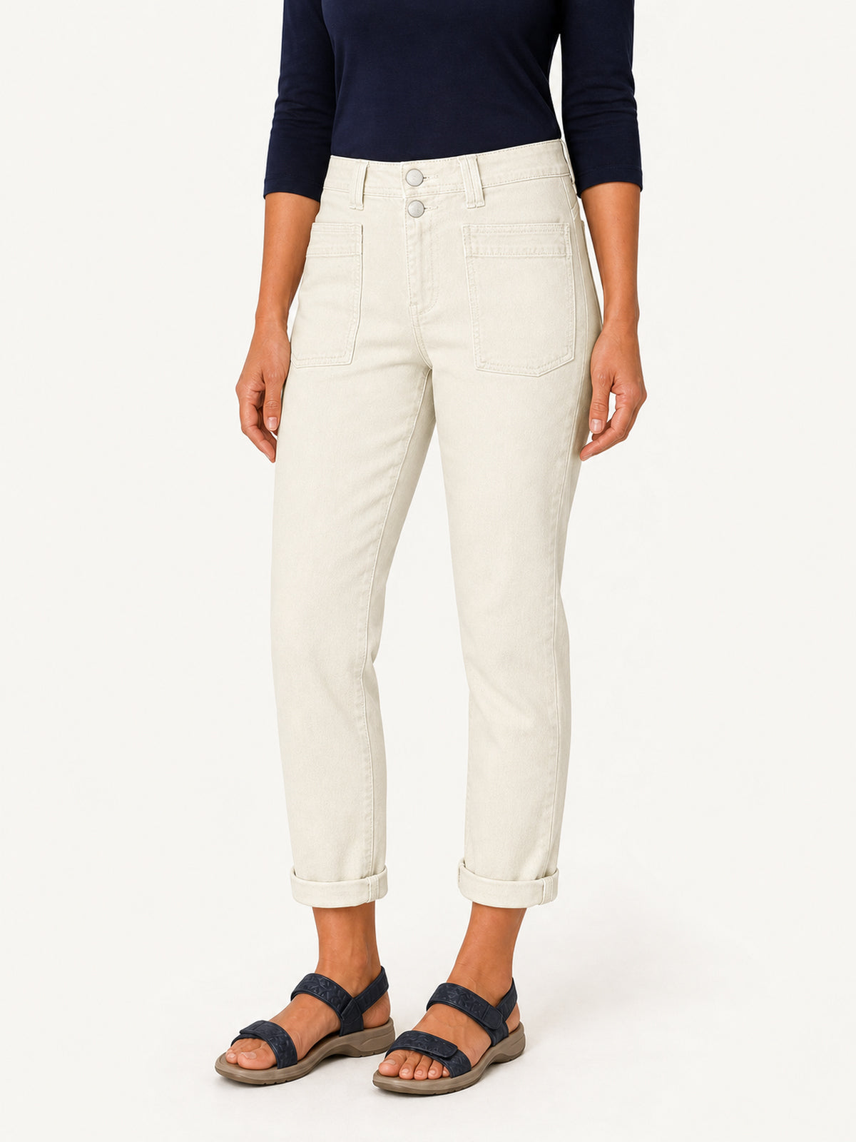 Ivory High-Rise Double-Button Cuffed Straight Jeans