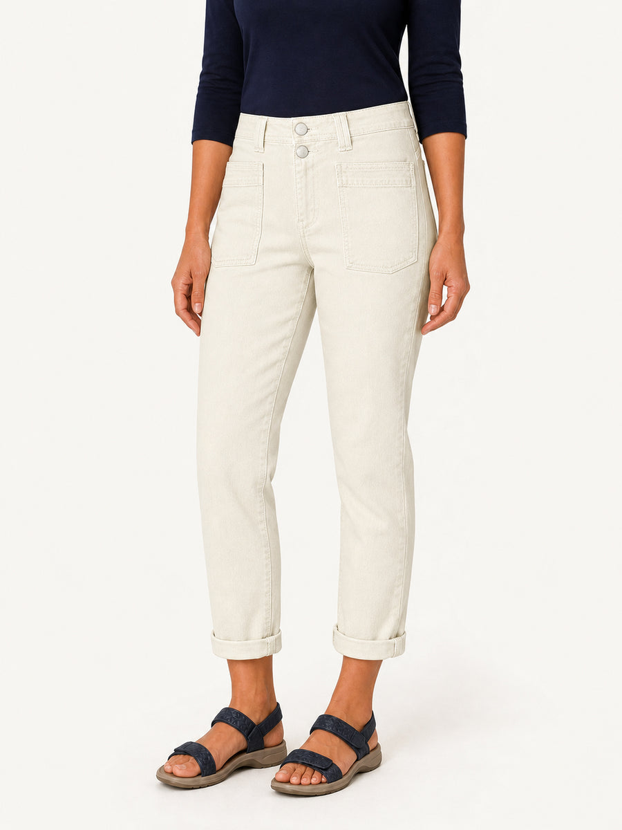 Ivory High-Rise Double-Button Cuffed Straight Jeans