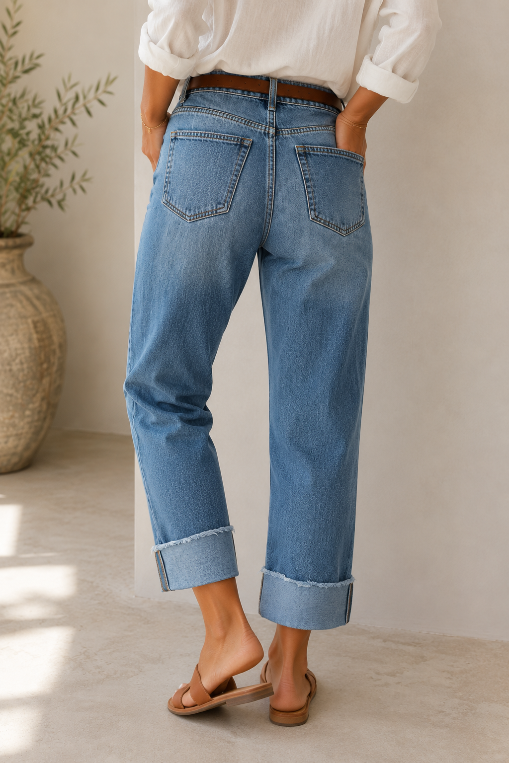 Mid-Rise Seamed Cuff Crop Straight Jeans