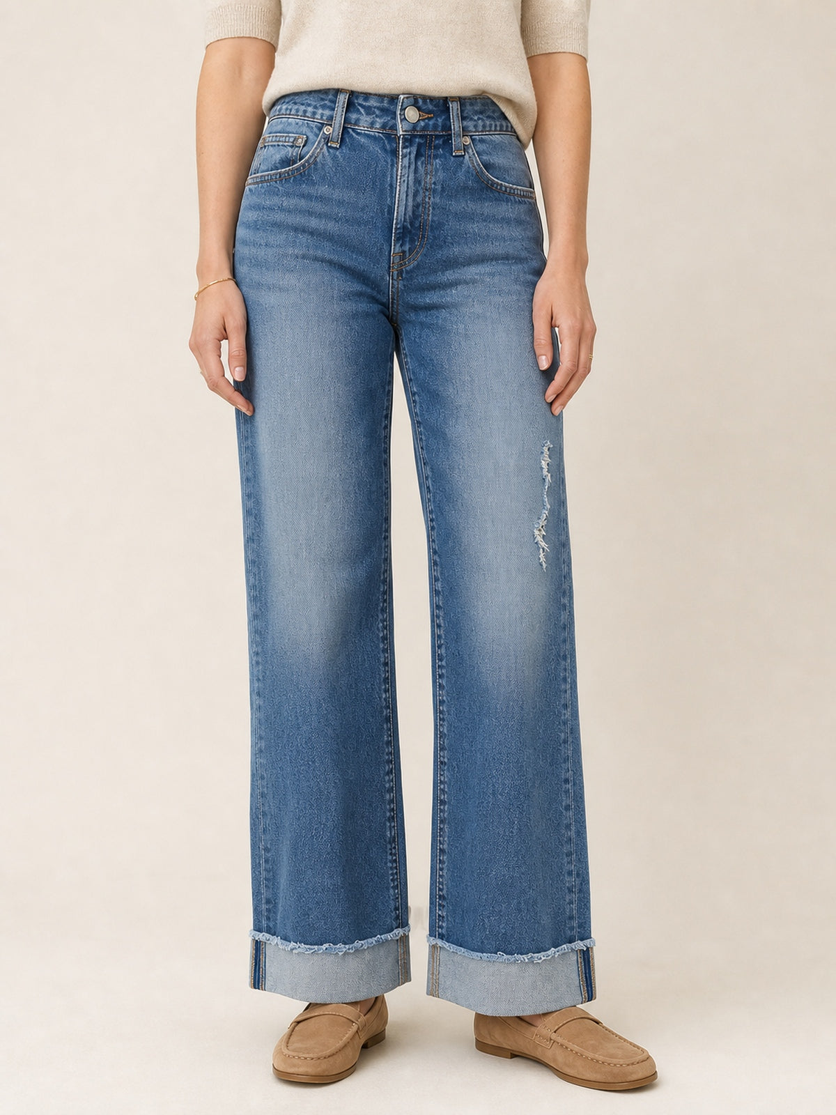 Distressed High-Rise Wide-Leg Cuff Jeans