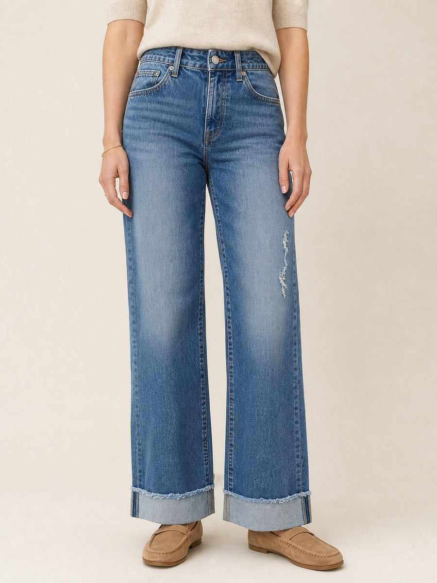 Distressed High-Rise Wide-Leg Cuff Jeans