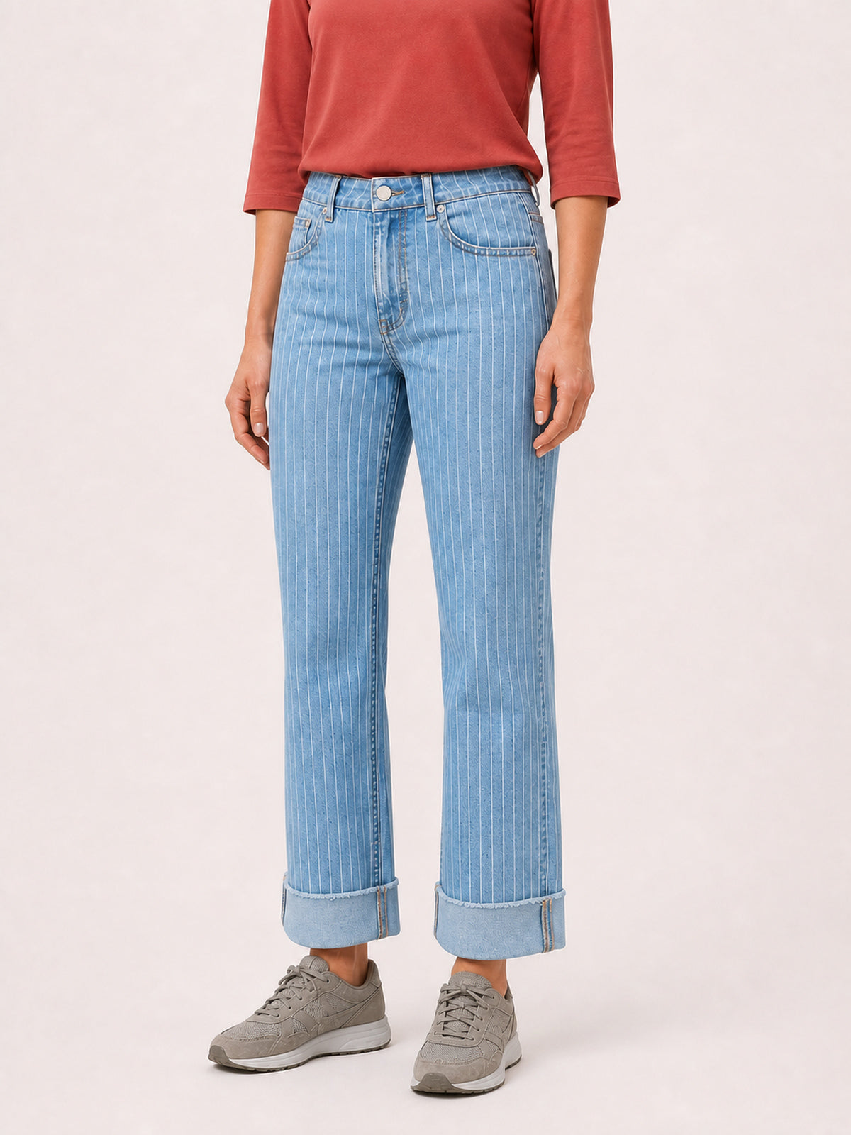 Pinstripe High-Rise Cuffed Straight Jeans