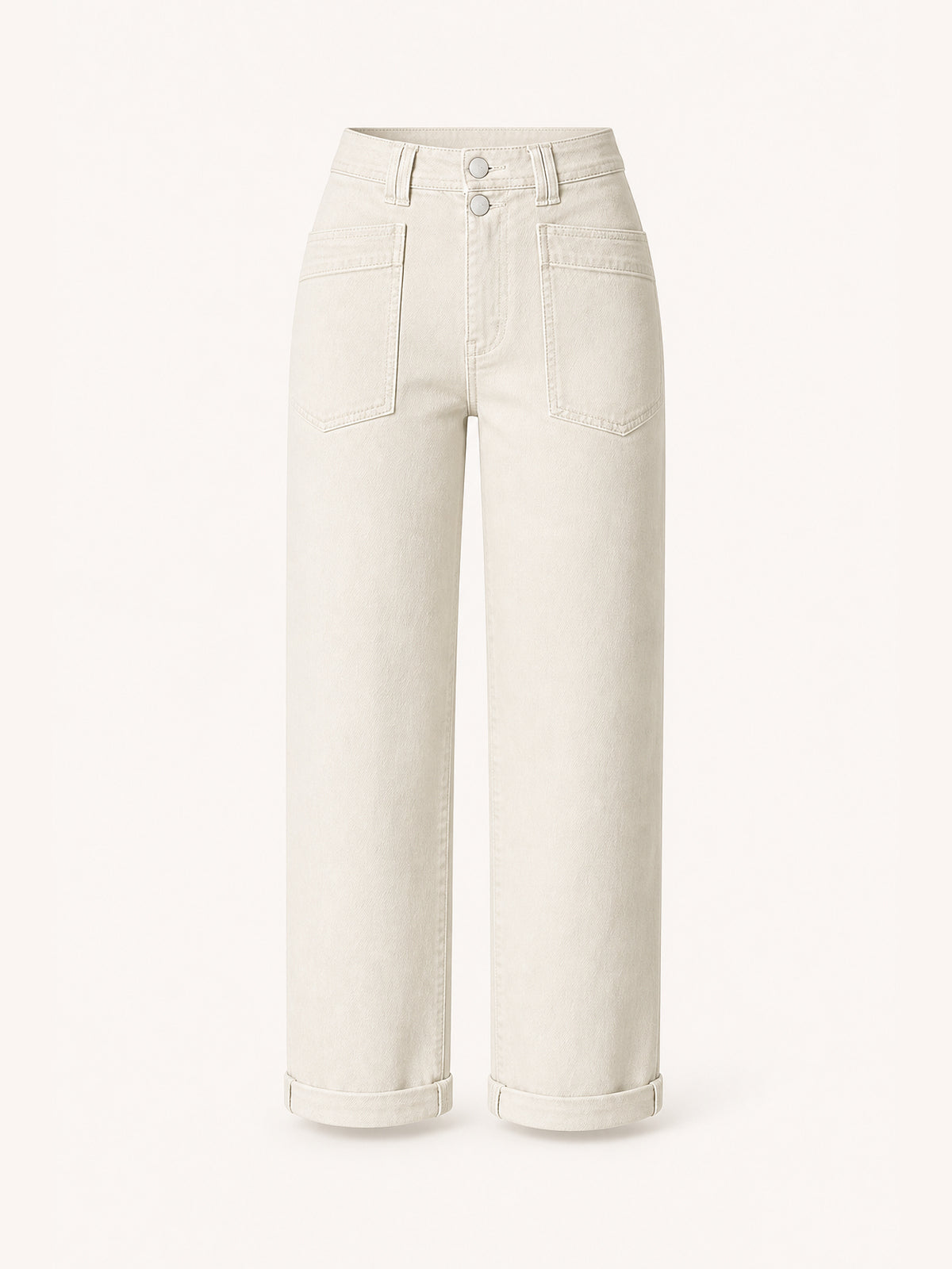 Ivory High-Rise Double-Button Cuffed Straight Jeans