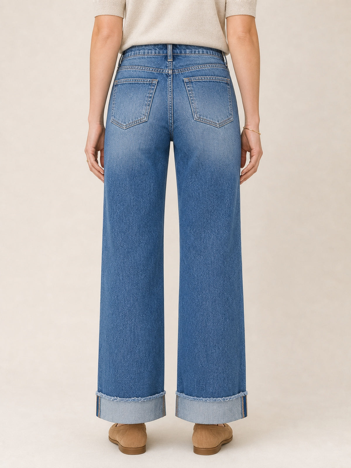 Distressed High-Rise Wide-Leg Cuff Jeans