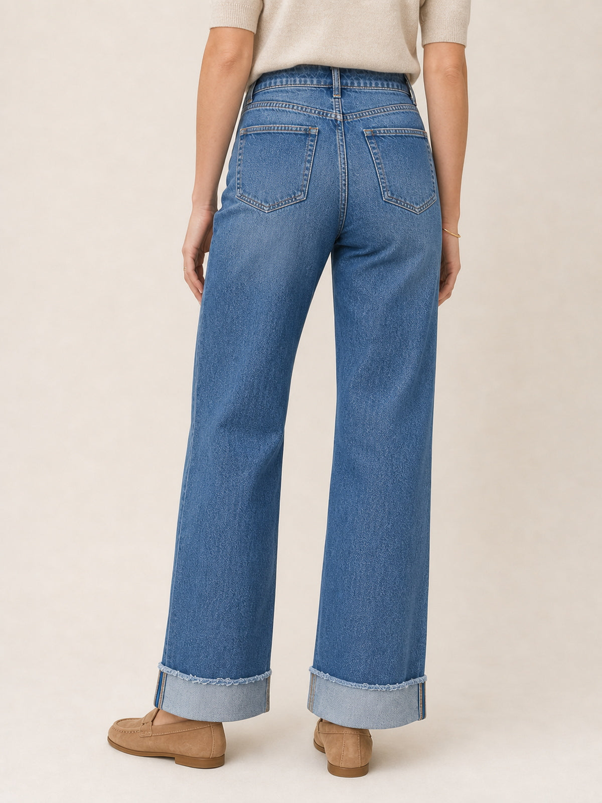 Distressed High-Rise Wide-Leg Cuff Jeans