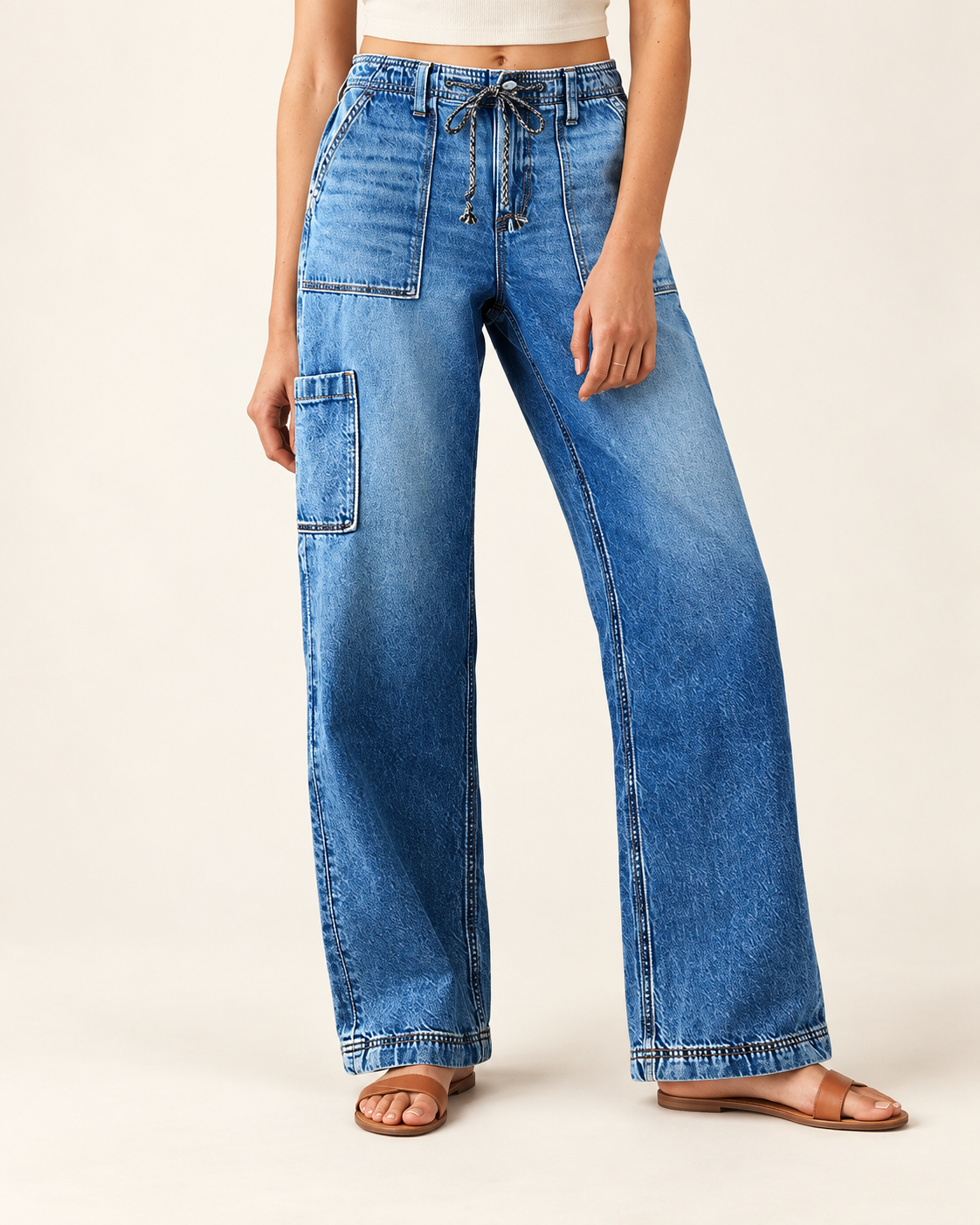 Drawstring Utility Wide-Leg Jeans