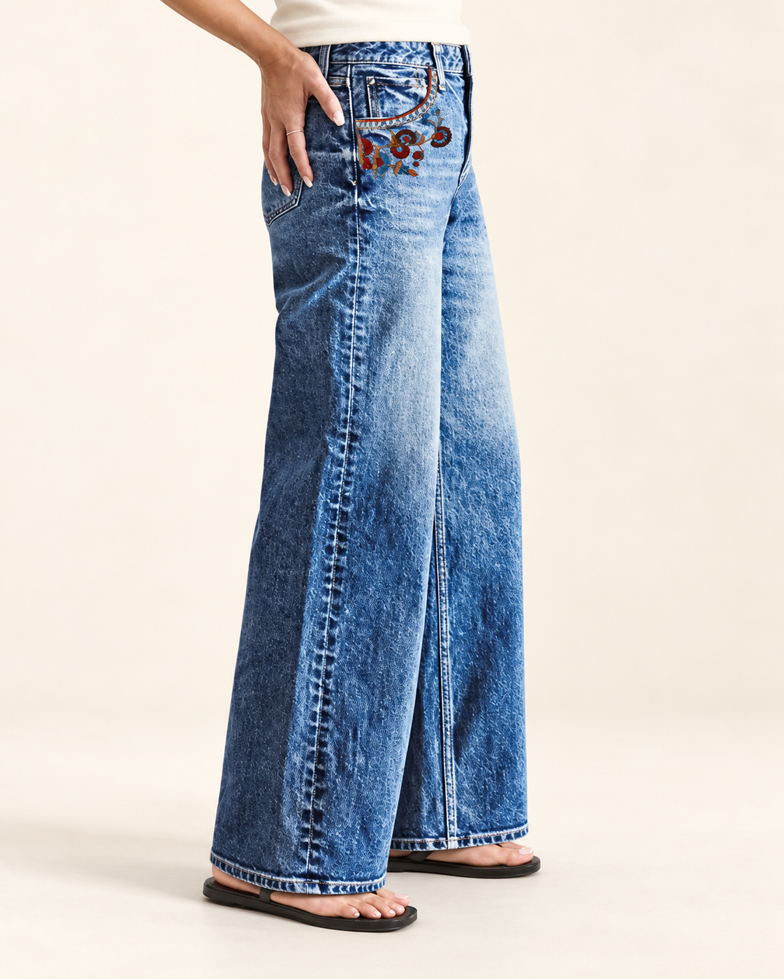 Floral-Pocket Wide-Leg Jeans — angled view