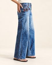 Floral-Pocket Wide-Leg Jeans — angled view