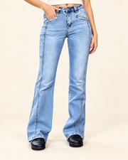 Seamed Light-Wash Bootcut Jeans — front view