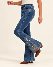 Botanical-Embroidered Bootcut Jeans — angled view