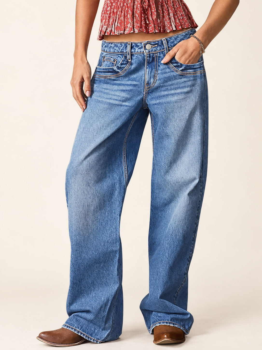 Vintage-Wash Wide-Leg Jeans — front view