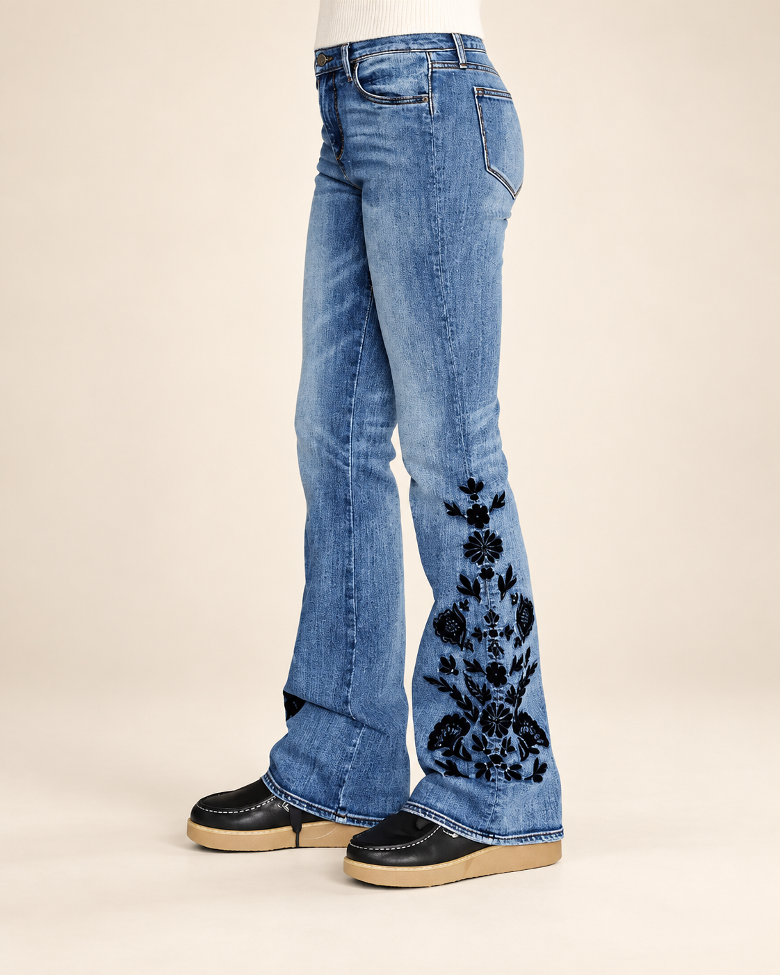 Floral-Embroidered Bootcut Jeans